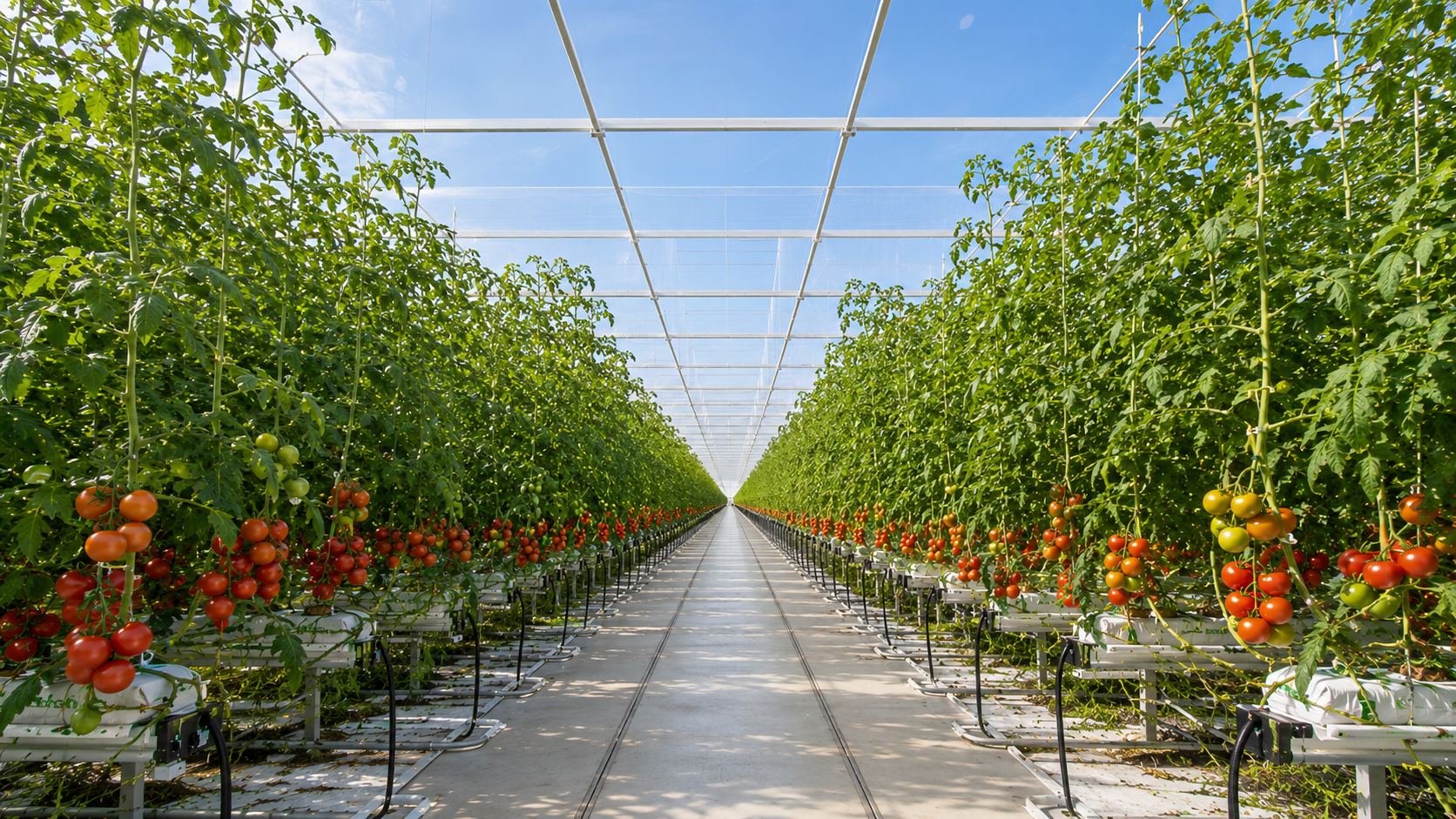 Rijen tomatenplanten in een glastuinbouwkas, ondersteund met hogedraadhaken